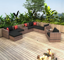 Load image into Gallery viewer, 10 Pieces Outdoor Patio Garden Brown Wicker Sectional Conversation Sofa Set with Black Cushions and Red Pillows,w/ Furniture Protection Cover