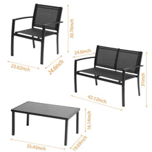 Load image into Gallery viewer, 4 Pieces Patio Furniture Set Outdoor Garden Patio Conversation Sets Poolside Lawn Chairs with Glass Coffee Table Porch Furniture (Black)