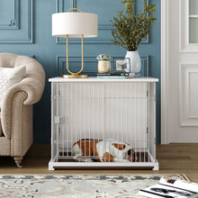 Load image into Gallery viewer, 34" Length Elegant Wooden Structure White Dog Cage Crate, End Table with movable salver, Decorative Dog House Cage Indoor Use, Furniture style, with wide table top.