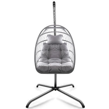 Load image into Gallery viewer, Swing Egg Chair with Stand Indoor Outdoor Wicker Rattan Patio Basket Hanging Chair with C Type bracket , with cushion and pillow,Patio Wicker folding Hanging Chair