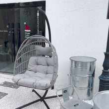 Load image into Gallery viewer, Swing Egg Chair with Stand Indoor Outdoor Wicker Rattan Patio Basket Hanging Chair with C Type bracket , with cushion and pillow,Patio Wicker folding Hanging Chair