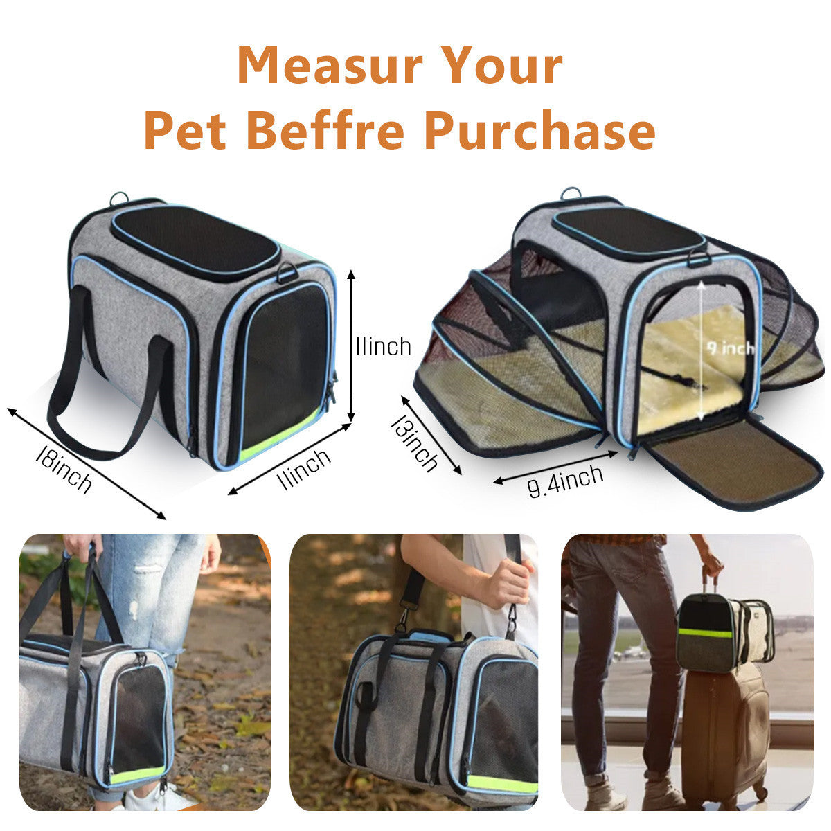 Cat Carrier TSA Airline Approved Pet Carrier Cat Carrier Bag with Big Space  for Small Medium Cats Small Dog Carrier with 5 Mesh Windows, 4 Open Doors