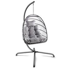 Load image into Gallery viewer, Swing Egg Chair with Stand Indoor Outdoor Wicker Rattan Patio Basket Hanging Chair with C Type bracket , with cushion and pillow,Patio Wicker folding Hanging Chair