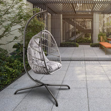 Load image into Gallery viewer, Swing Egg Chair with Stand Indoor Outdoor Wicker Rattan Patio Basket Hanging Chair with C Type bracket , with cushion and pillow,Patio Wicker folding Hanging Chair