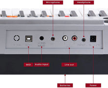 Load image into Gallery viewer, 61 Keys Electronic Keyboards Portable Piano Keyboard for Beginners Set with Full Size Lighted Keys, Built-In Speakers, Microphone, OTG Cable, Music Stand, Keyboard Stand and Bench, Silver