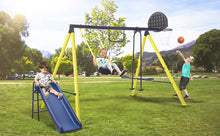 Load image into Gallery viewer, 5 in 1 Outdoor Tolddler Swing Set for Backyard, Playground Swing Sets with Steel Frame, Swing n\' Silde Playset for Kids with Seesaw Swing, Basketball Hoop