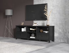 Load image into Gallery viewer, 70.08 Inch Length Black TV Stand for Living Room and Bedroom, with 2 Drawers and 4 High-Capacity Storage Compartment.