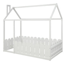 Load image into Gallery viewer, (Slats are not included) Twin Size Wood Bed House Bed Frame with Fence, for Kids, Teens, Girls, Boys (White )