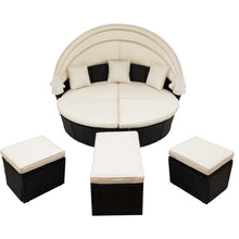 Load image into Gallery viewer, Outdoor rattan daybed sunbed with Retractable Canopy Wicker Furniture, Round Outdoor Sectional Sofa Set, black Wicker Furniture Clamshell Seating with Washable Cushions, Backyard, Porch, Beige.