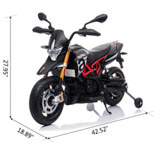 Load image into Gallery viewer, 12V Aprilia Licensed Kids Ride On Motorcycle, 4-wheel Electric Dirt Bike with Spring Suspension, LED Lights, USB, MP3, Black