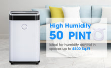Load image into Gallery viewer, 4800 Sq.Ft. Dehumidifier for large space,High Humidity 50 Pints Capacity, With 6.5L Water tank & Continuous Drain Hose, Auto Defrost, Quiet.