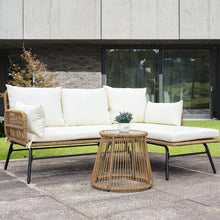 Load image into Gallery viewer, 3PCS Outdoor Patio Balcony L Shape Natural Color Wicker Sofa Set with Beige Cushion And Round Tempered Glass Table