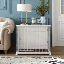 Load image into Gallery viewer, 34" Length Elegant Wooden Structure White Dog Cage Crate, End Table with movable salver, Decorative Dog House Cage Indoor Use, Furniture style, with wide table top.