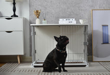 Load image into Gallery viewer, 34" Length Elegant Wooden Structure White Dog Cage Crate, End Table with movable salver, Decorative Dog House Cage Indoor Use, Furniture style, with wide table top.