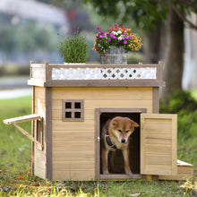 Load image into Gallery viewer, 39.4” Wooden Dog House Puppy Shelter Kennel Outdoor & Indoor Dog crate, with Flower Stand, Plant Stand, With Wood Feeder
