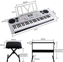 Load image into Gallery viewer, 61 Keys Electronic Keyboards Portable Piano Keyboard for Beginners Set with Full Size Lighted Keys, Built-In Speakers, Microphone, OTG Cable, Music Stand, Keyboard Stand and Bench, Silver