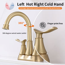 Load image into Gallery viewer, 2-Handle 4-Inch Brushed Gold Bathroom Faucet, Bathroom Vanity Sink Faucets with Pop-up Drain and Supply Hoses