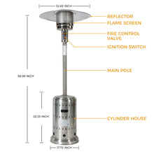 Load image into Gallery viewer, 46000BTU Propane Stainless Steel Mushroom Outdoor Patio Heater with Hollow Pattern on Tank housing, with Two Smooth-rolling Wheels,with Hose Set,with Black Cover,Pole in Two Pieces(Upper and Bottom)