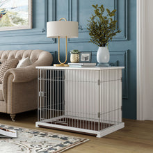 Load image into Gallery viewer, 34" Length Elegant Wooden Structure White Dog Cage Crate, End Table with movable salver, Decorative Dog House Cage Indoor Use, Furniture style, with wide table top.