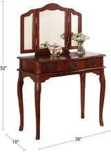 Load image into Gallery viewer, Bedroom Vanity Set w Foldable Mirror Stool Drawers Cherry Color Vintage Classic Furniture MDF Rubber wood