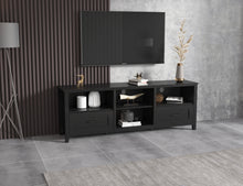 Load image into Gallery viewer, 70.08 Inch Length Black TV Stand for Living Room and Bedroom, with 2 Drawers and 4 High-Capacity Storage Compartment.