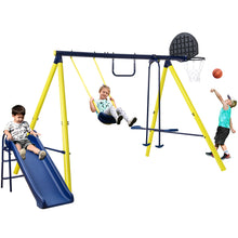 Load image into Gallery viewer, 5 in 1 Outdoor Tolddler Swing Set for Backyard, Playground Swing Sets with Steel Frame, Swing n\' Silde Playset for Kids with Seesaw Swing, Basketball Hoop