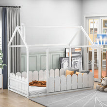 Load image into Gallery viewer, (Slats are not included) Twin Size Wood Bed House Bed Frame with Fence, for Kids, Teens, Girls, Boys (White )