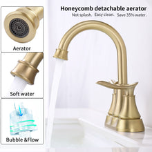 Load image into Gallery viewer, 2-Handle 4-Inch Brushed Gold Bathroom Faucet, Bathroom Vanity Sink Faucets with Pop-up Drain and Supply Hoses