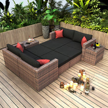 Load image into Gallery viewer, 10 Pieces Outdoor Patio Garden Brown Wicker Sectional Conversation Sofa Set with Black Cushions and Red Pillows,w/ Furniture Protection Cover