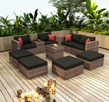Load image into Gallery viewer, 10 Pieces Outdoor Patio Garden Brown Wicker Sectional Conversation Sofa Set with Black Cushions and Red Pillows,w/ Furniture Protection Cover
