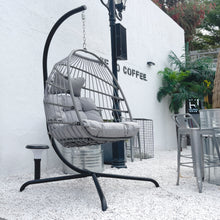 Load image into Gallery viewer, Swing Egg Chair with Stand Indoor Outdoor Wicker Rattan Patio Basket Hanging Chair with C Type bracket , with cushion and pillow,Patio Wicker folding Hanging Chair