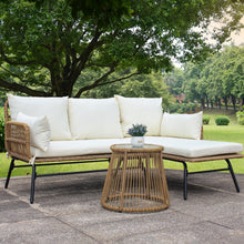 Load image into Gallery viewer, 3PCS Outdoor Patio Balcony L Shape Natural Color Wicker Sofa Set with Beige Cushion And Round Tempered Glass Table