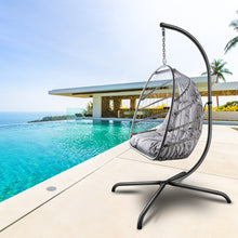 Load image into Gallery viewer, Swing Egg Chair with Stand Indoor Outdoor Wicker Rattan Patio Basket Hanging Chair with C Type bracket , with cushion and pillow,Patio Wicker folding Hanging Chair