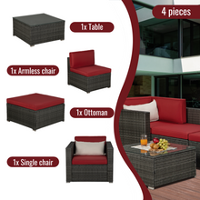 Load image into Gallery viewer, Beefurni Outdoor Garden Patio Furniture 4-Piece Gray PE Rattan Wicker Sectional Red Cushioned Sofa Sets with 1 Beige Pillow