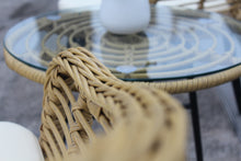Load image into Gallery viewer, 3 Pieces Outdoor Patio Balcony Natural Yellow Wicker Chair Table Set with Beige Cushion and Tempered Glass Table Top