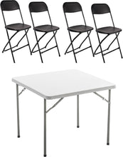 Load image into Gallery viewer, BTExpert 5 Piece Folding Card Table Portable & Chair Set, 34" Square White Granite Plastic Table Portable, 4 Adult Black Chairs for board games nights gatherings party home indoor outdoor lightweight