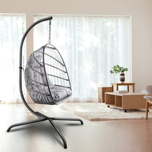 Load image into Gallery viewer, Swing Egg Chair with Stand Indoor Outdoor Wicker Rattan Patio Basket Hanging Chair with C Type bracket , with cushion and pillow,Patio Wicker folding Hanging Chair