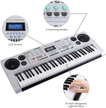 Load image into Gallery viewer, 61 Keys Electronic Keyboards Portable Piano Keyboard for Beginners Set with Full Size Lighted Keys, Built-In Speakers, Microphone, OTG Cable, Music Stand, Keyboard Stand and Bench, Silver