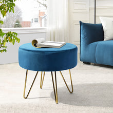 Load image into Gallery viewer, 17.7" Teal and Gold Decorative Round Shaped Ottoman with Metal Legs