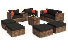 Load image into Gallery viewer, 10 Pieces Outdoor Patio Garden Brown Wicker Sectional Conversation Sofa Set with Black Cushions and Red Pillows,w/ Furniture Protection Cover
