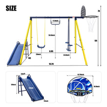 Load image into Gallery viewer, 5 in 1 Outdoor Tolddler Swing Set for Backyard, Playground Swing Sets with Steel Frame, Swing n\' Silde Playset for Kids with Seesaw Swing, Basketball Hoop