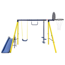Load image into Gallery viewer, 5 in 1 Outdoor Tolddler Swing Set for Backyard, Playground Swing Sets with Steel Frame, Swing n\' Silde Playset for Kids with Seesaw Swing, Basketball Hoop