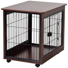 Load image into Gallery viewer, 31” Length Furniture Style Pet Dog Crate Cage End Table with Wooden Structure and Iron Wire and Lockable Caters, Medium Dog House Indoor Use.