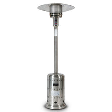 Load image into Gallery viewer, 46000BTU Propane Stainless Steel Mushroom Outdoor Patio Heater with Hollow Pattern on Tank housing, with Two Smooth-rolling Wheels,with Hose Set,with Black Cover,Pole in Two Pieces(Upper and Bottom)