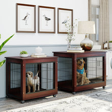 Load image into Gallery viewer, 39” Length Furniture Style Pet Dog Crate Cage End Table with Wooden Structure and Iron Wire and Lockable Caters, Medium and Large Dog House Indoor Use.