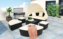 Load image into Gallery viewer, Outdoor rattan daybed sunbed with Retractable Canopy Wicker Furniture, Round Outdoor Sectional Sofa Set, black Wicker Furniture Clamshell Seating with Washable Cushions, Backyard, Porch, Beige.