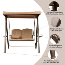 Load image into Gallery viewer, 2-Seat Outdoor Patio Porch Swing Chair, Adjustable Canopy Swing Glider with Weather Resistant Steel Frame, Adjustable Tilt Canopy,Removable Cushions and Pillow Included for Backyard,Beige