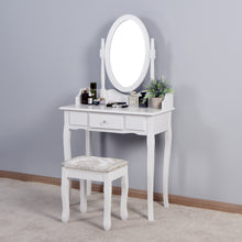 Load image into Gallery viewer, Vanity Table Set with Rotatable Oval Mirror and Cushioned Stool, Modern Makeup Bedroom Dressing Table with a Drawer for Girls Woman,White 31.5x15.75x53.54 inch