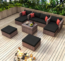 Load image into Gallery viewer, 10 Pieces Outdoor Patio Garden Brown Wicker Sectional Conversation Sofa Set with Black Cushions and Red Pillows,w/ Furniture Protection Cover