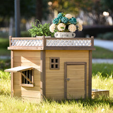 Load image into Gallery viewer, 39.4” Wooden Dog House Puppy Shelter Kennel Outdoor & Indoor Dog crate, with Flower Stand, Plant Stand, With Wood Feeder